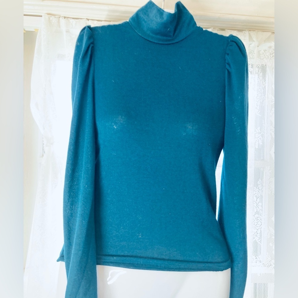 Emery Rose blue long sleeve turtleneck puffy shoulders button down back XS NWTs - Picture 2 of 5